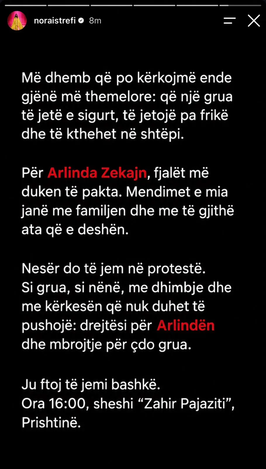 Drejtësi për Arlindën  Nora Istrefi thërret për një protestë të fuqishme